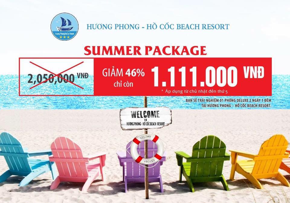 Hương Phong Hồ Cốc Resort khuyến mãi trọn gói mùa hè chỉ với 1.111.000 vnđ/phòng